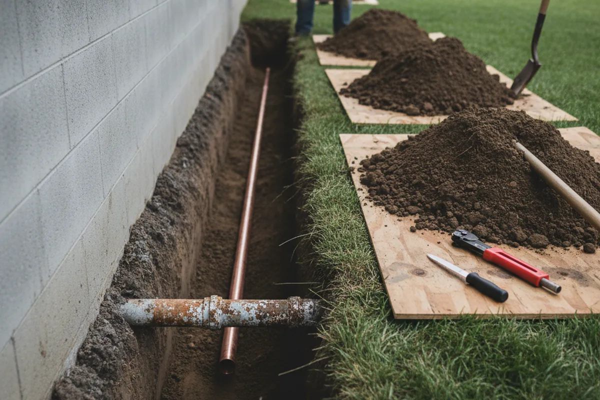 Excavated water line trench during Sewer Line Repair in Palm Beach